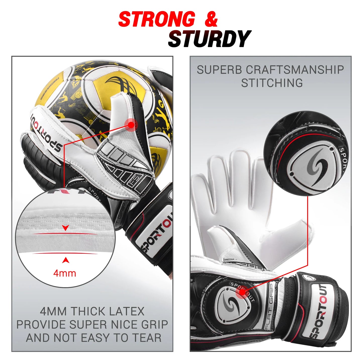 Sportout Goalie Gloves, Goalkeeper Gloves with Fingersave, Soccer Gloves, Breathable Soccer Goalie Gloves, 4mm Latex